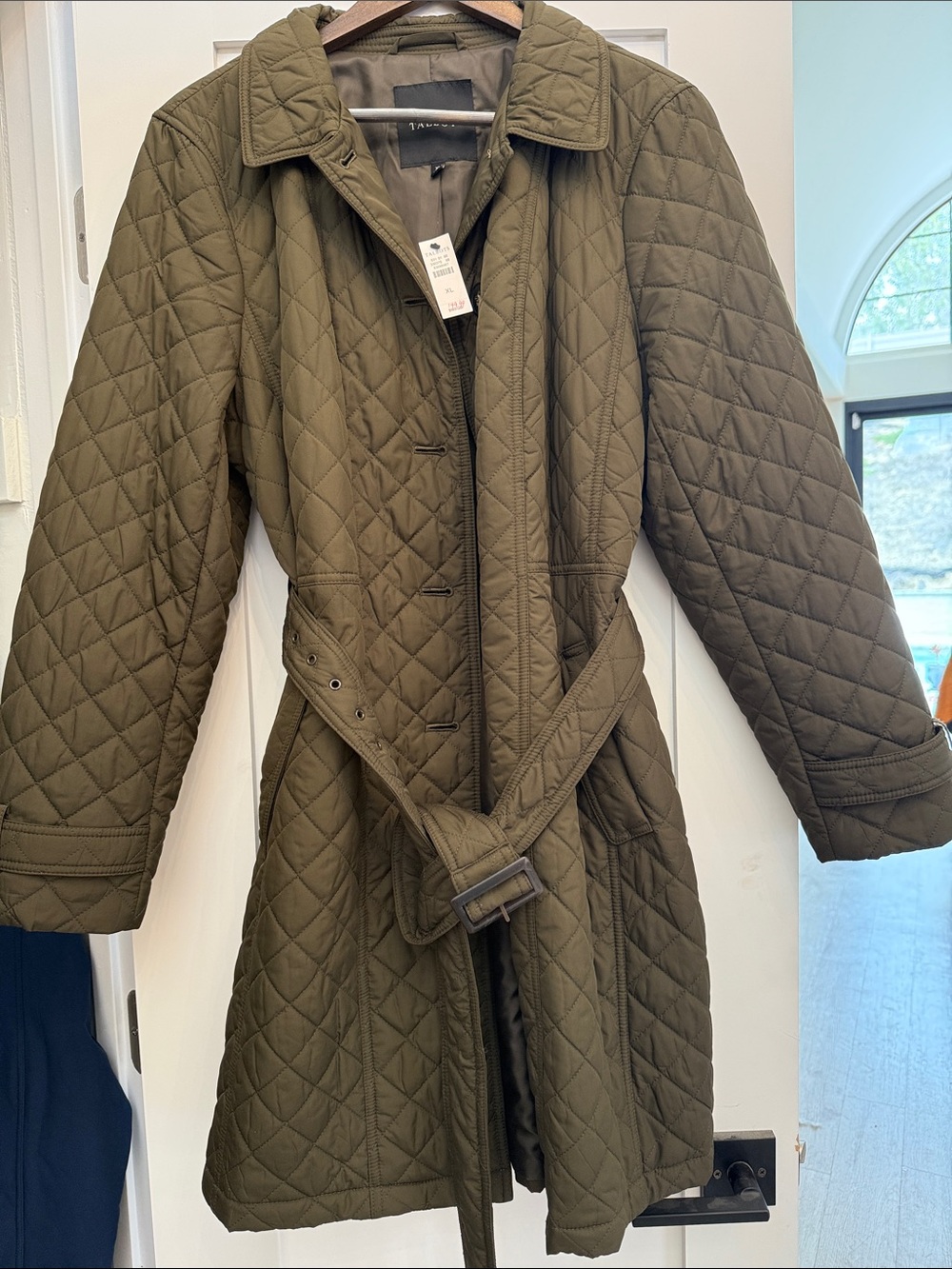 Talbots Quilted Belted Trench Coat in Olive Green